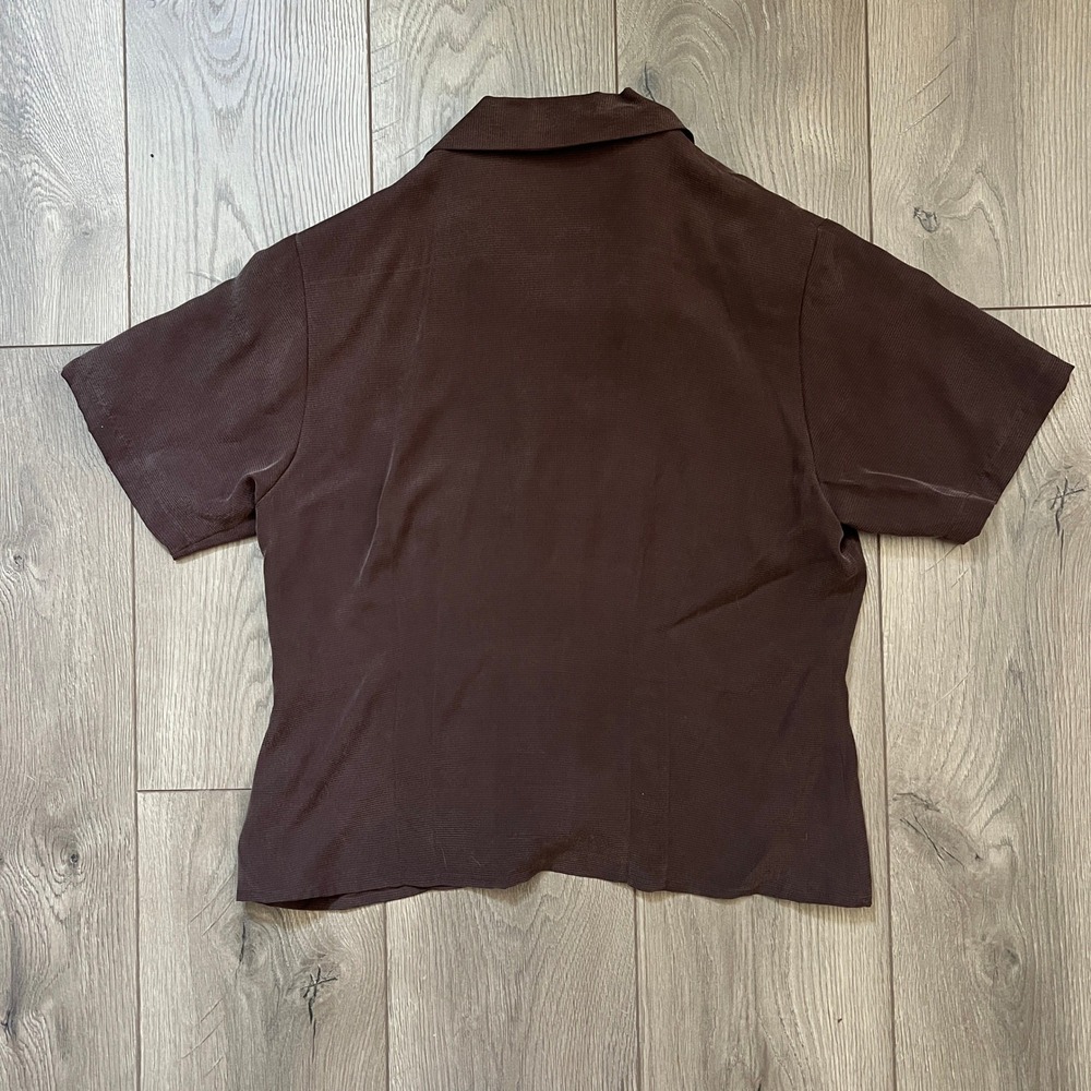 Anne Carson Brown 100% Silk Short Sleeve Button Down Shirt Petite Medium PM